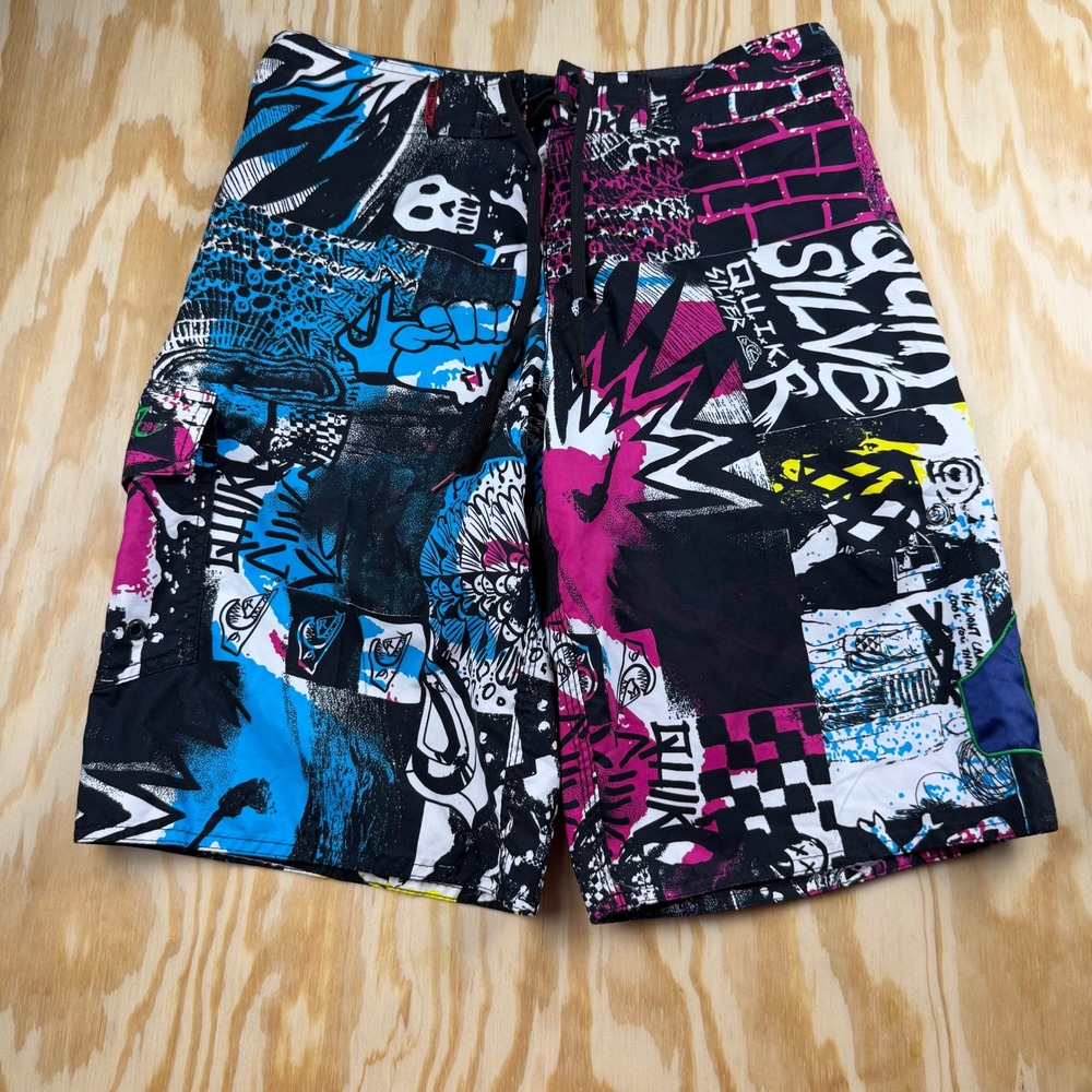 Y2K Quiksilver Mens Board Shorts Size 32 Multi Color Graphic Graffiti